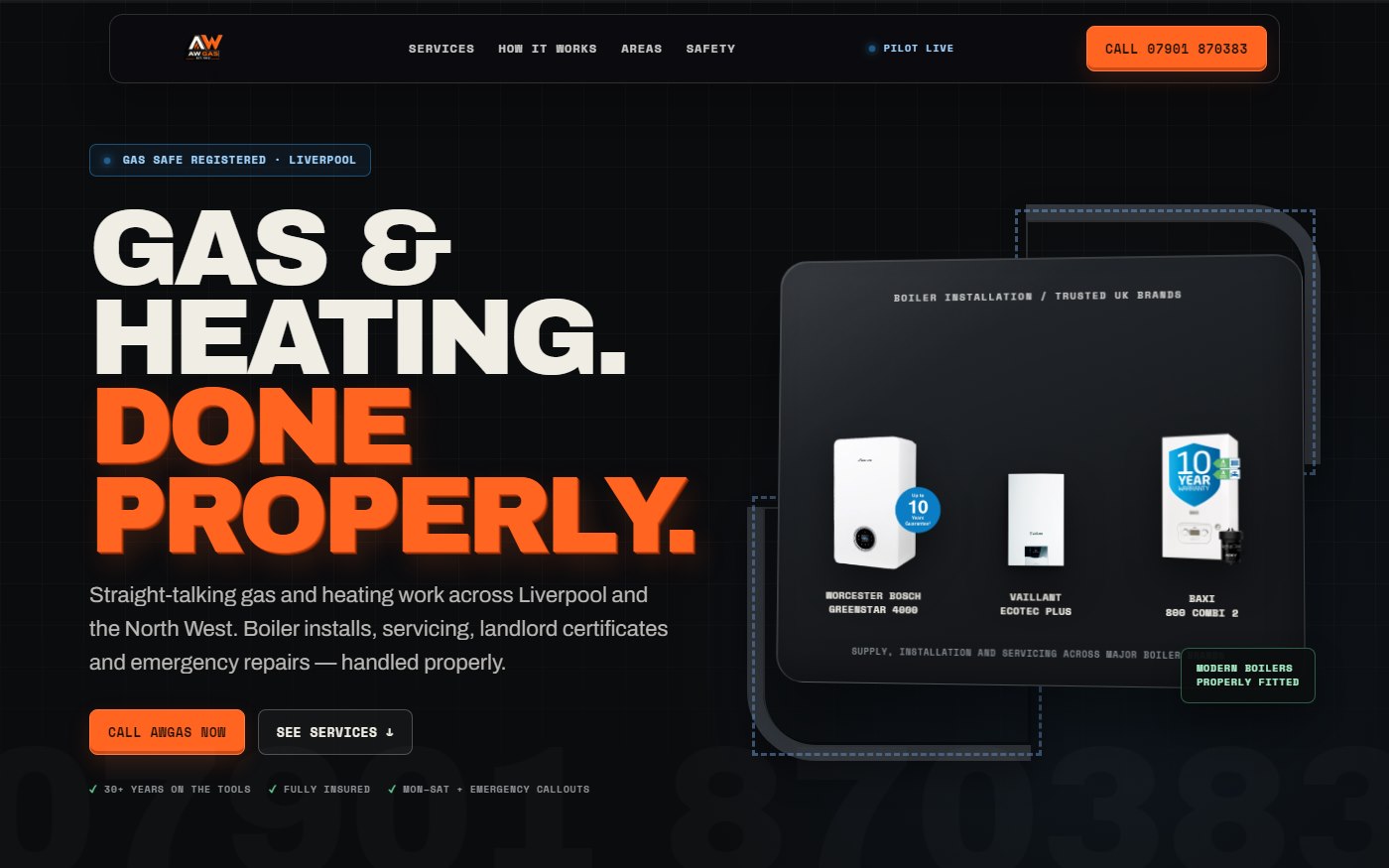 A real website BuildHub built for AWGas, a Liverpool gas engineer
