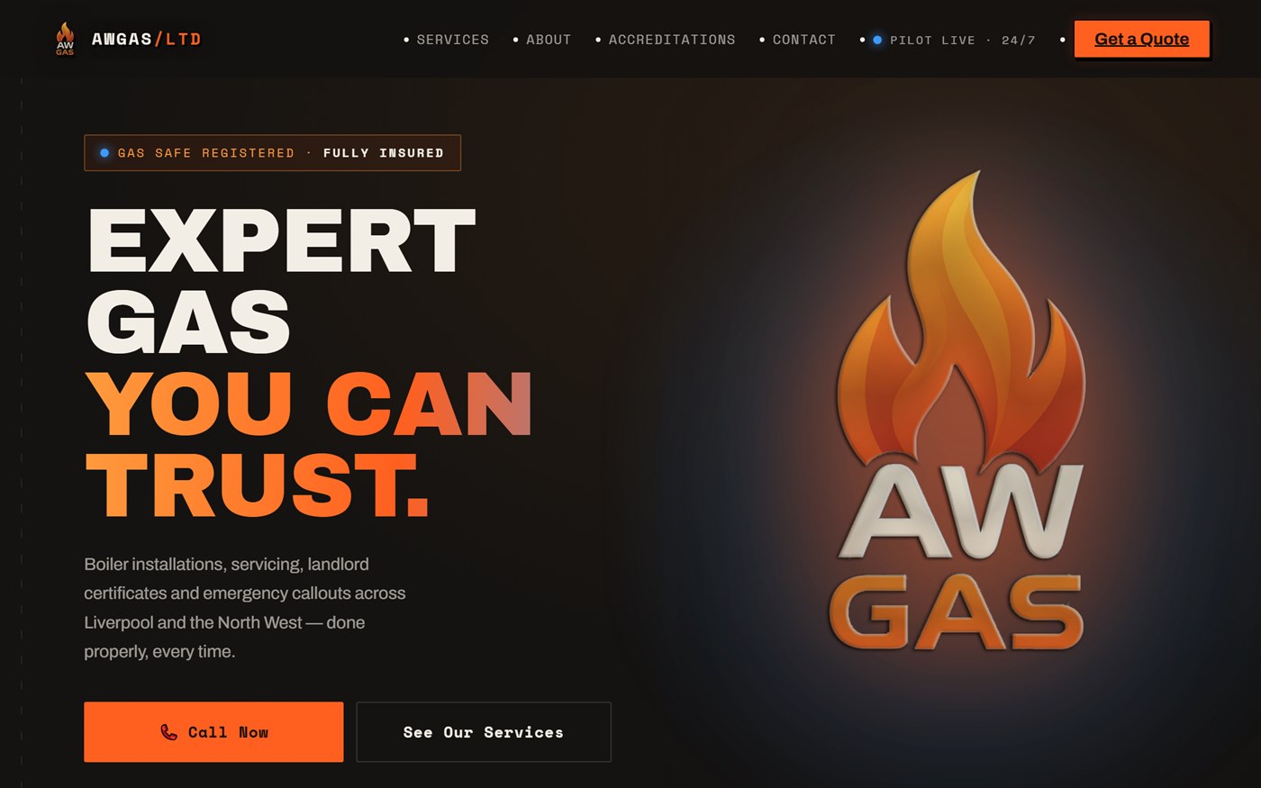 A real website BuildHub built for AWGas, a Liverpool gas engineer